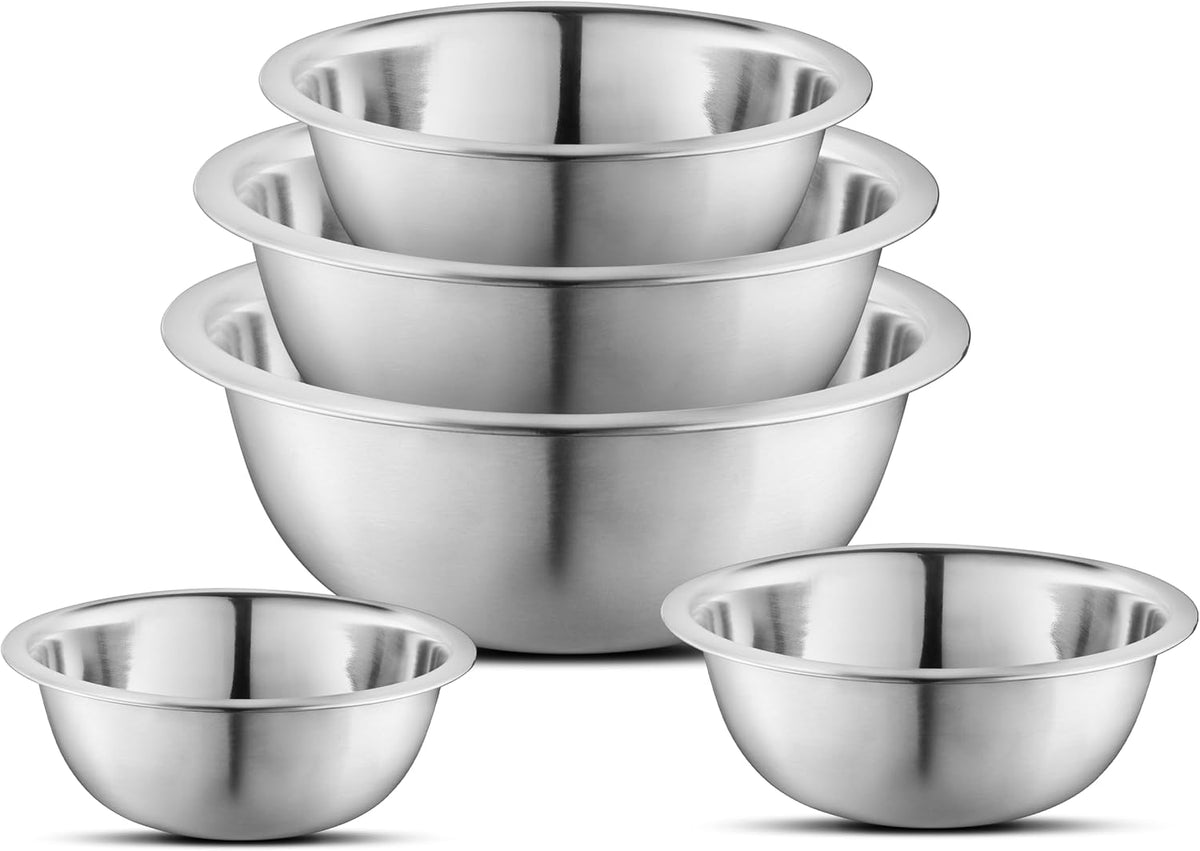 AVADOR Premium Stainless Steel Mixing Bowls, Set of 5 Brushed Stainless Steel Mixing Bowl Set, Easy to Clean, Space Saving, Great for Cooking, Baking, Prepping (5 Pc Mixing Bowl)