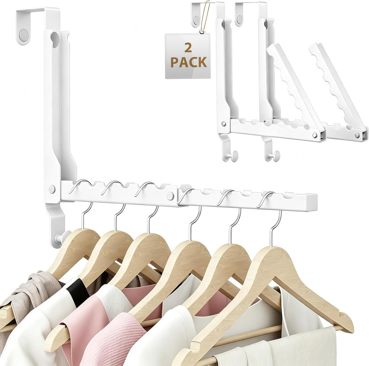 Over the Door Hanger Folding Clothes Drying Rack with 1 Hooks, Double Fold Hanging Door Hooks Coat Rack for Laundry Room, Compact Space Saving Foldable Portable Door Hooks Collapsible (2Pack,White)