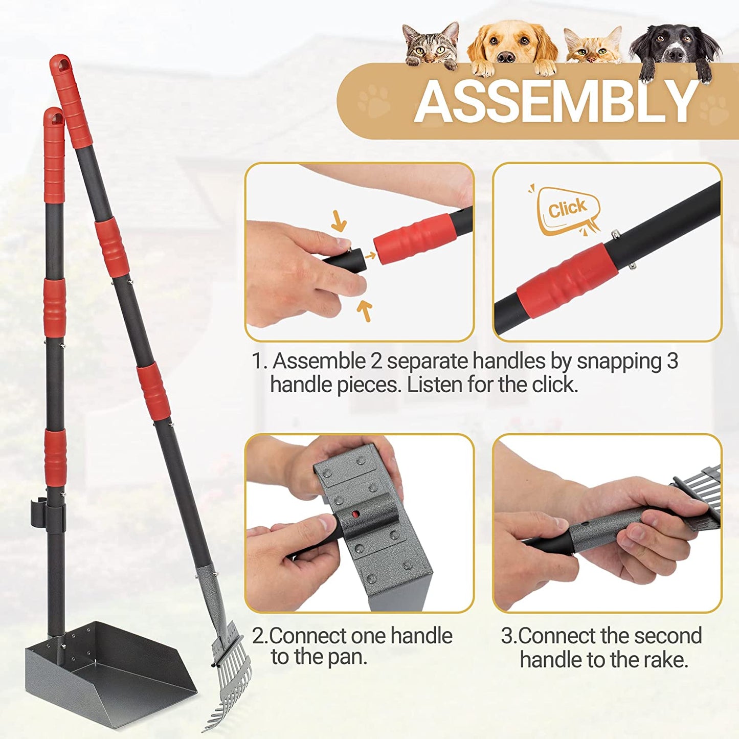 Heeyoo Dog Pooper Scooper, Dog Poop Tray and Rake Set, Pet Waste Removal Scoop with Long Adjustable Sectional Stainless Handles | Pet Waste Removal Scoop with Adjustable Sectional Handles