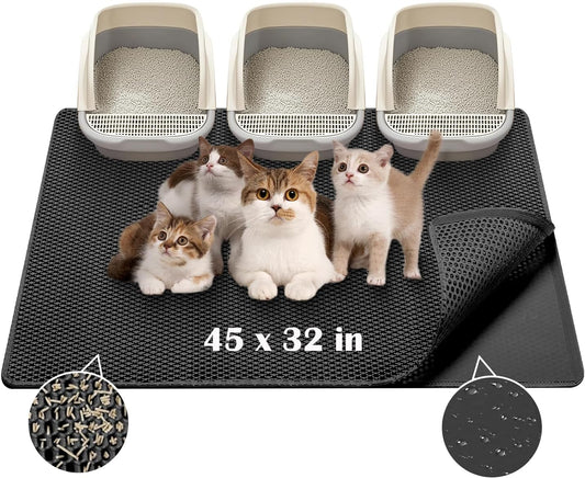 Cat Litter Mat - Extra Large XL 45"X32" Cat Litter Trapping Mat,Honeycomb Double Layer Traps Litter,Washable & Urine Proof,Non-Toxic,Soft EVA Litter Box Mat for Multi-Cat Homes(Black)