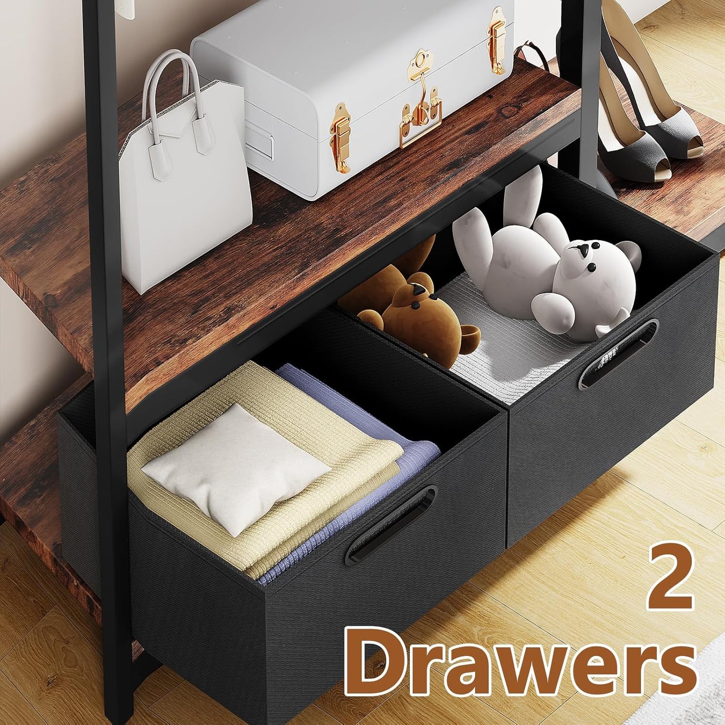 Clothes Rack, Heavy Duty Garment Rack for Clothes, Industrial Clothing Racks with Shelves, 2 Fabric Drawers and 6 Side Hooks, Freestanding Metal Wooden Closet Organizer, Rustic Brown ZER-010