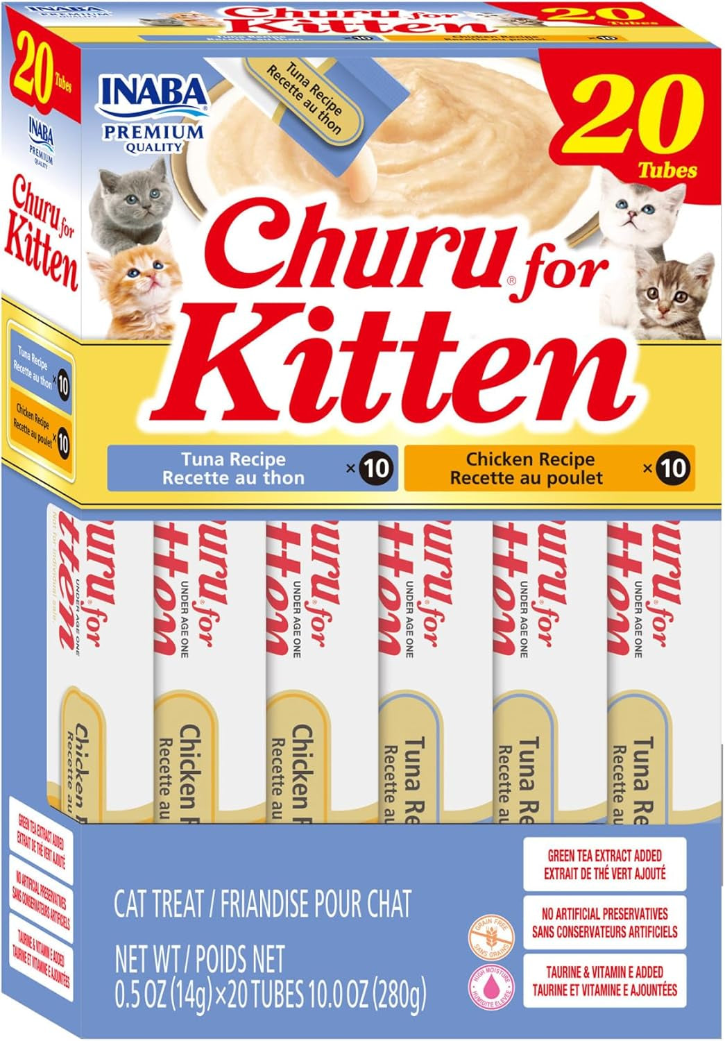 INABA Churu for Kittens, Lickable, Squeezable Creamy Purée Cat Treat with Green Tea Extract & Taurine, 0.5Oz. Each Tube, 20 Tubes, Tuna & Chicken Variety