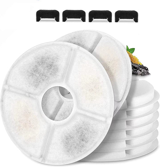 Cat/Pet Water Fountain Filters, 12 Pieces Set Pack of 8 Replacement Filter Dia Is 5" Fit for 81Oz/2.4L, 3 Filtration System with 4 Pre-Filter Sponges
