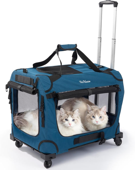 Extra Large Rolling Cat Carrier with Wheels, Soft Sided Pet Dog Carrier on Wheels for Big Cat 20Lbs+ 2 Cats, Car Travel Portable XL Wheeled Bag 25"X16.5"X20.5"