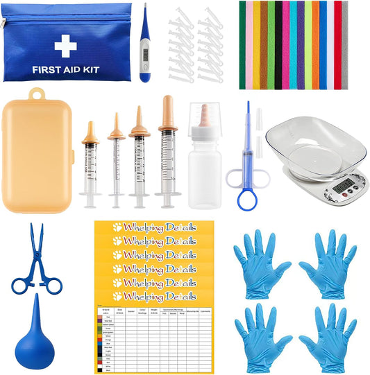 52Pcs Puppy Whelping Supplies,Whelping Kit,Puppies Birth,Kitten Dog Supplies,Puppy Kit,Bottle Feeding Kit for Newborn Puppy, Puppy Whelping Collars,Tube,Cord Clamps,Gloves,Digital Thermometer Scale