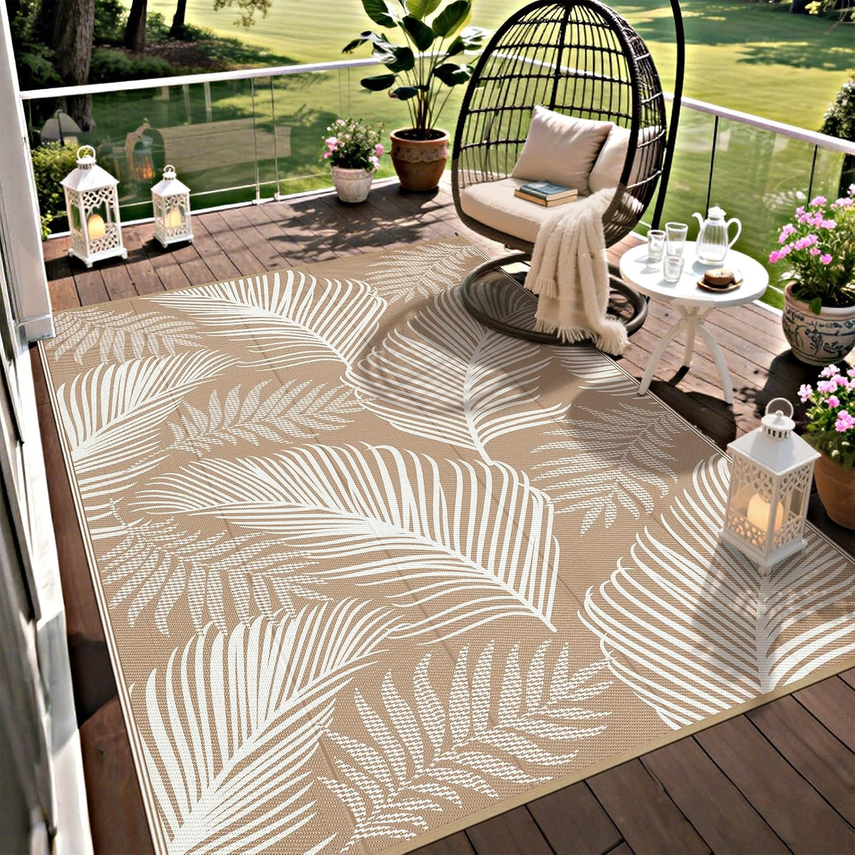 Pauwer Waterproof Outdoor Rug 5X8, Plastic Straw Patio Rug, Leaf Brown