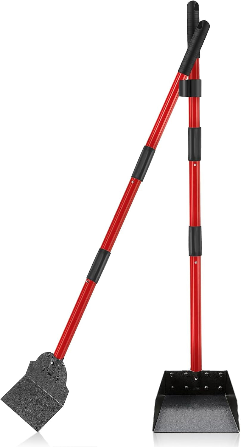 Pooper Scooper for Large Dogs, Adjustable Long Handle Metal Tray and Spade Poop Scooper for Dogs with Bin for Pet Waste Removal, No Bending Clean up Pooper Scooper for Medium and Large Dogs,Red