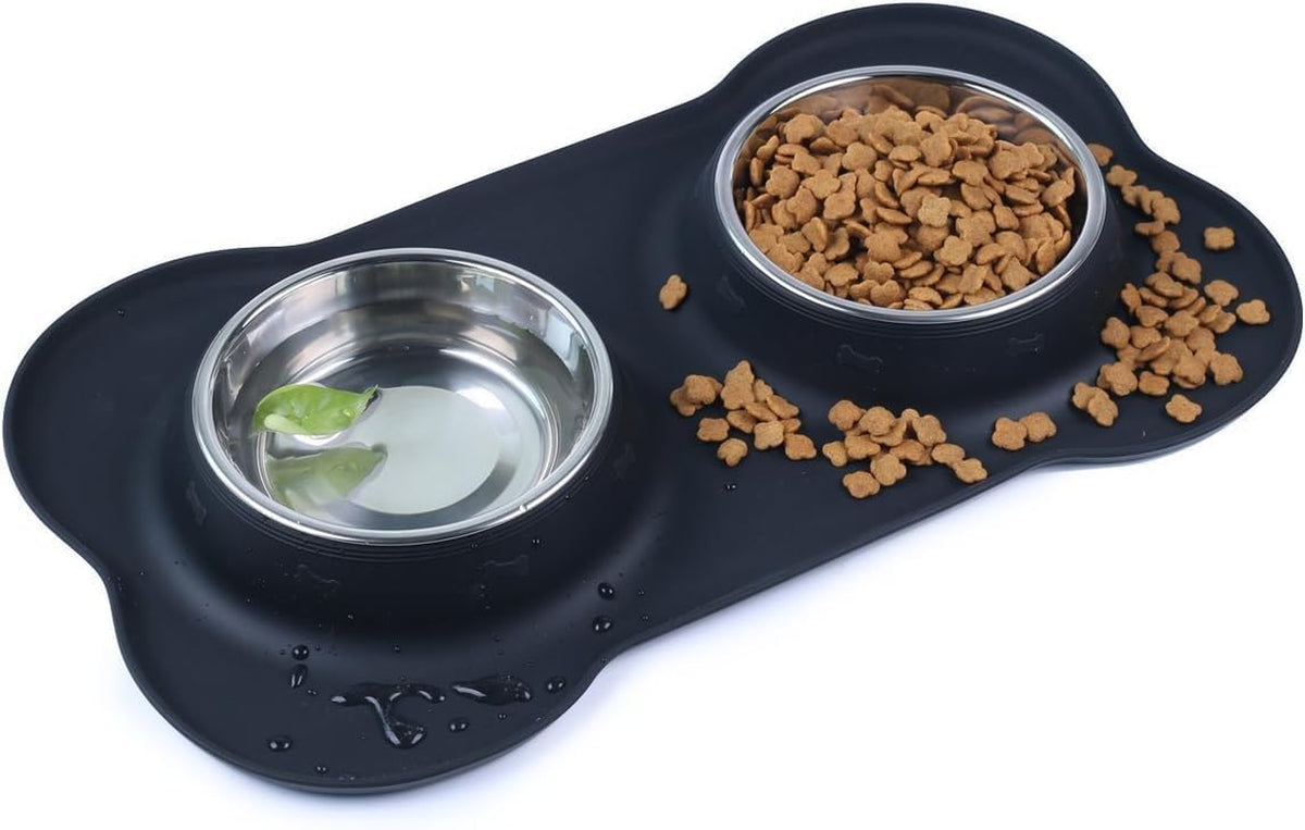 Dog Bowls Stainless Steel Bowls with No Spill Skid Resistant Silicone Mat, 24Oz 48Oz Dog Food and Water Bowl Set Feeder for Small Medium Large Size,Dogs,Cats Pets Puppy Dish