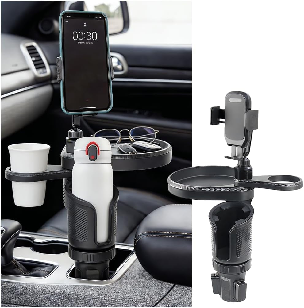 Car Cup Holder Tray, 3 in 1 Multifunctional Vehicle Food Water Bottle Phone Holder Expander Adapter with Adjustable Base, Detachable Auto Interior Food Tray Table, Universal Fit (Black)