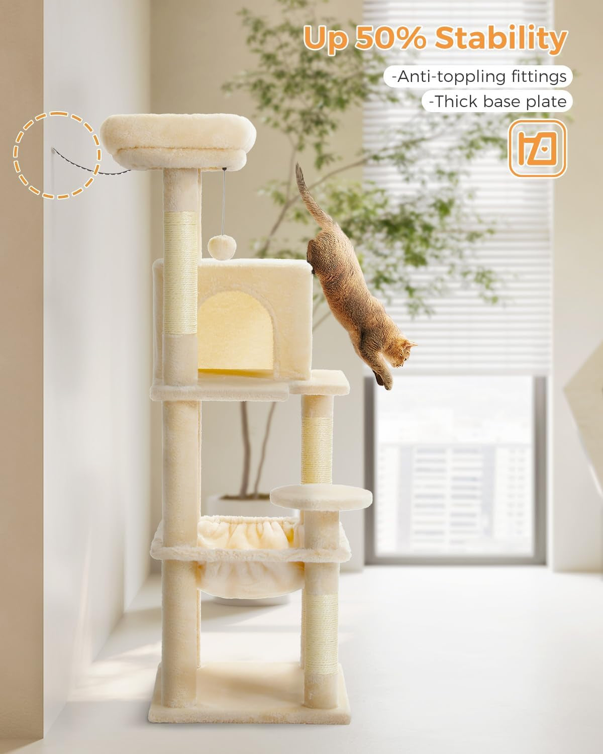 MUTTROS Cat Tree for Large Cats Adult with Metal Plush Big Hammock, 56.3" Cat Tower with 2 Door Condo House, 6-Tier Cat Shelves with Scratching Posts and Large Top Perch, Beige