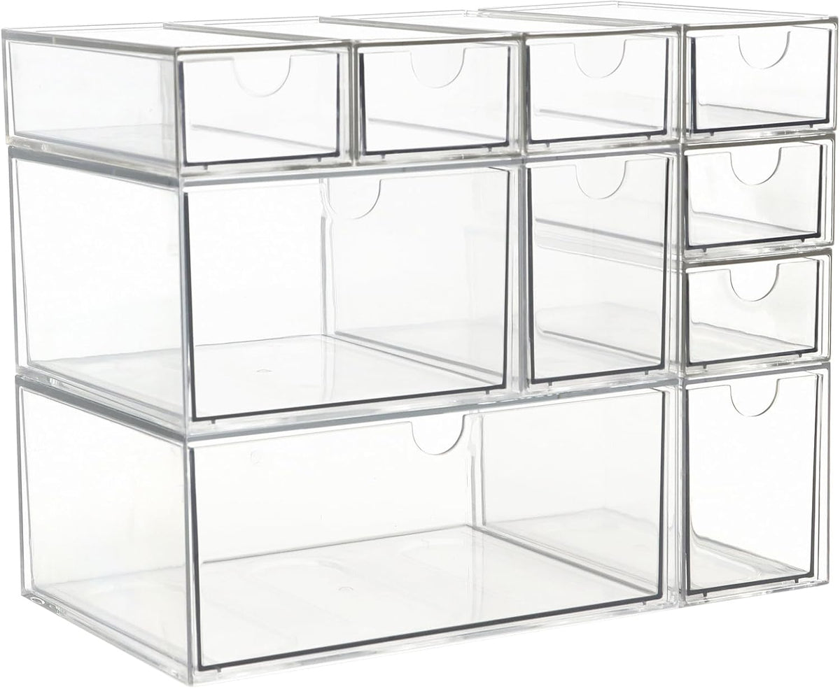 Acrylic Makeup Organizer, 10 Drawers Clear Storage Organizer Desktop Stackable Storage Drawers, Plastic Organizer Bins for Makeup, Stationery, Cosmetics, Vanity, Bathroom,Cabinet,Pantry Office Desk