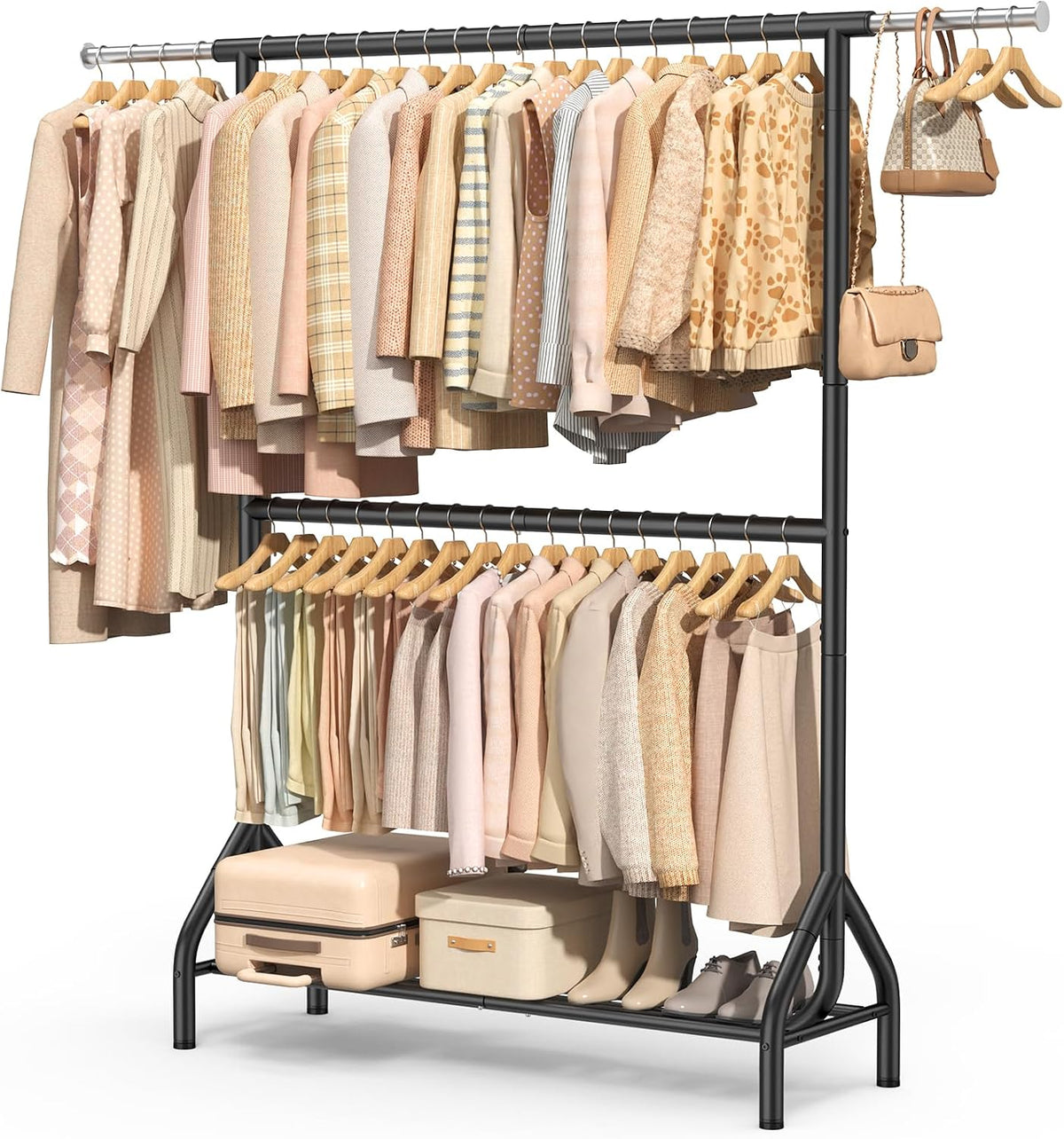 EAGMAK Double Rod Clothing Rack Load 622 LBS, Heavy Duty Clothes Rack for Hanging Clothes, 82.68 Inch High Garment Rack with Storage Shelves, Metal Clothing Hanger Closet Wardrobe Organizer (Black)