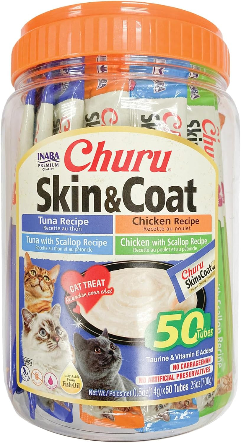 INABA Churu for Skin & Coat, Lickable, Squeezable Cat Treat with Omega Oils, Taurine and Vitamin E, 0.5 Ounces Each Tube, 50 Tubes, Skin & Coat Variety