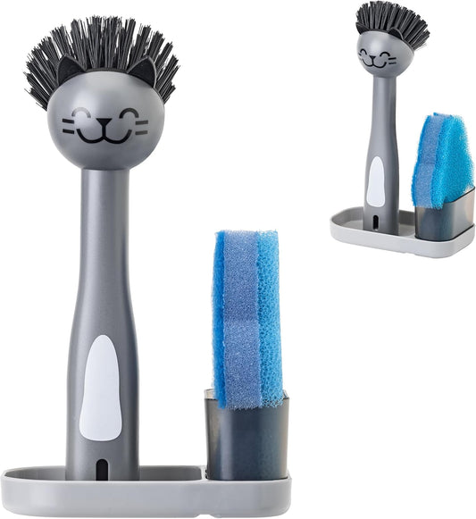 Pet Bowl Cleaner Set with Cat Bowl Brush, Cat Sponge, Holder & Drain Tray