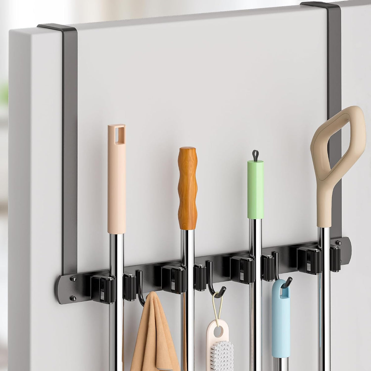 Broom Holder over the Door with Hooks -304 Stainless Steel (Black)