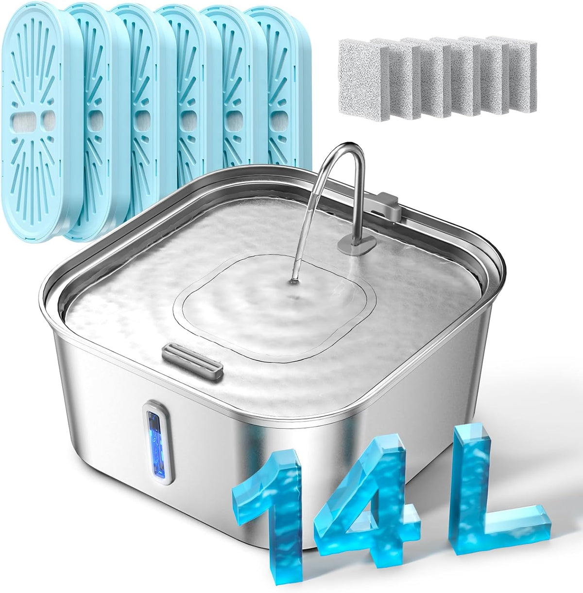 Large Dog Water Fountain 14L/3.7Gal, Stainless Steel Pet Fountain for Large Dogs and Multi-Pets Families, Visible Window & Extra Wide Drinking Area, Enlarges Capacity & Saves Space (With 7Pcs Filters)