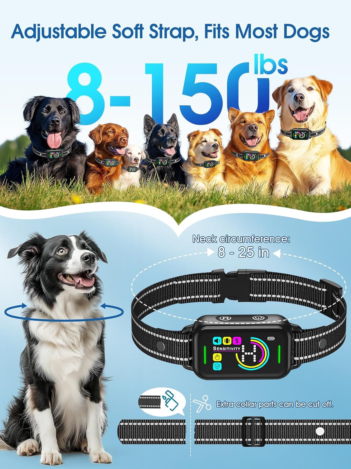 DINJOO Smart Bark Collar - Rechargeable anti Barking Training Collar with 8 Adjustable Sensitivity, Beep & Shock (Dark Black) for Large, Medium & Small Dogs