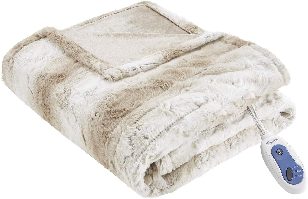 Beautyrest Reversible Heated Throw, Faux Fur Electric Blanket, Sand