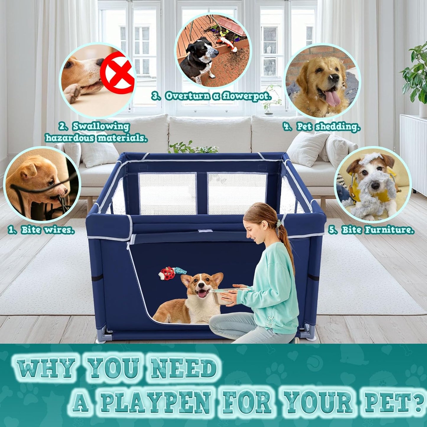 XVISHX 42X42 Inches Puppy Playpen with Gate, Dog Playpen for Puppies or Small Dogs, Dogfence Pet Playpen for Indoor & Outdoor, Sturdy Safety Dogpen with Thickened Fabric, High-Strength Nylon Wire Mesh