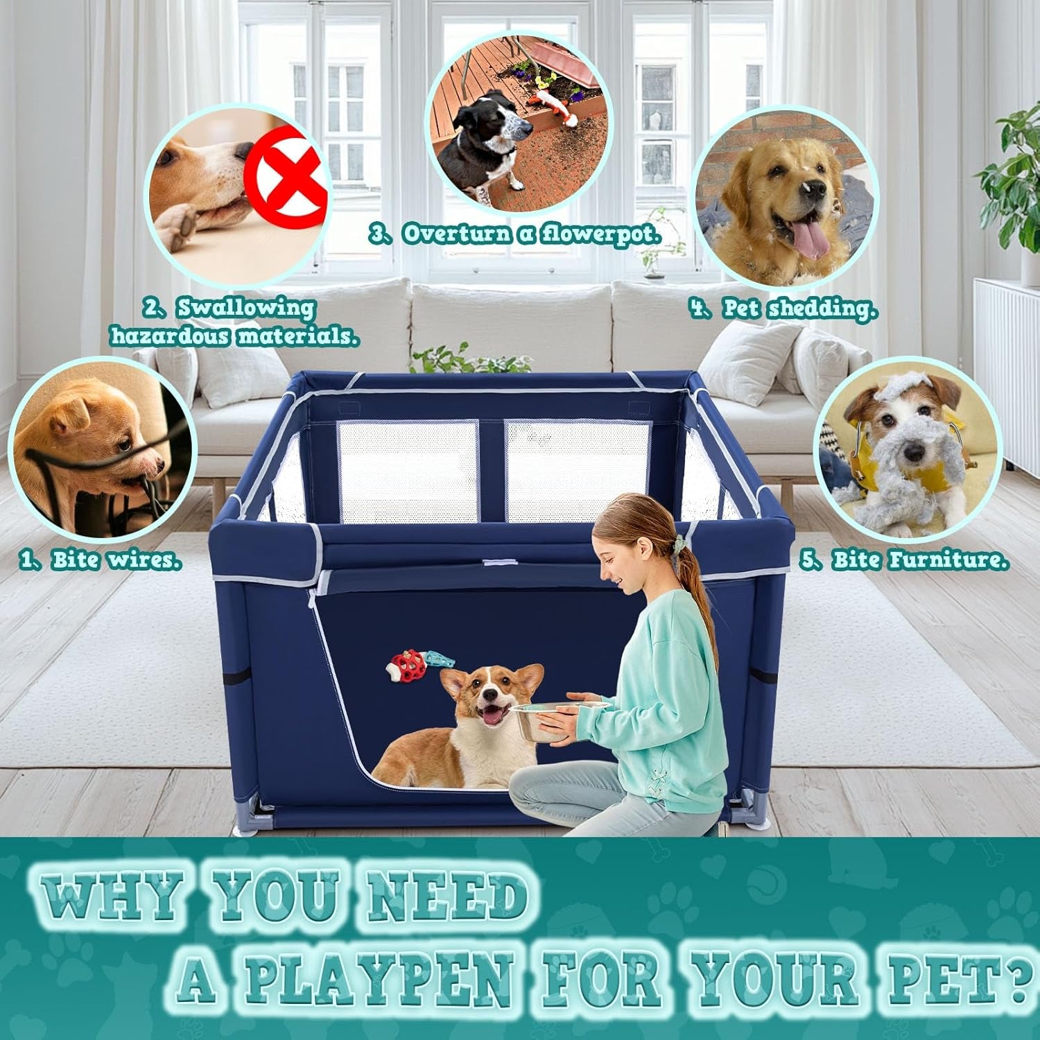 XVISHX 42X42 Inches Puppy Playpen with Gate, Dog Playpen for Puppies or Small Dogs, Dogfence Pet Playpen for Indoor & Outdoor, Sturdy Safety Dogpen with Thickened Fabric, High-Strength Nylon Wire Mesh