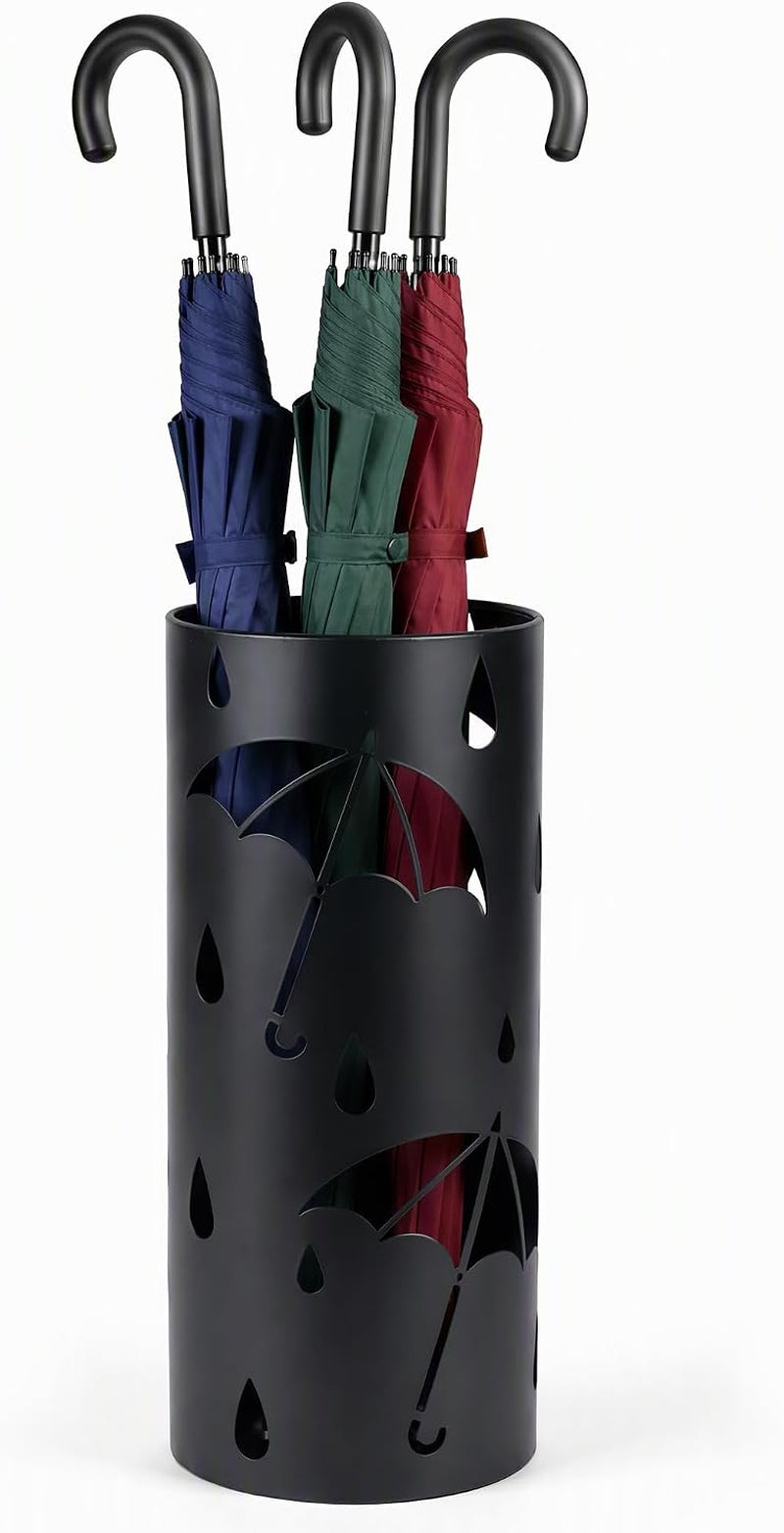 BEWBBAT Metal Umbrella Stand Rack for Entryway, Black round Free Standing Umbrella Holder Organizer Bin with 3 Hooks for Walk Stick, Home Office Indoor, 17 X 7 Inch