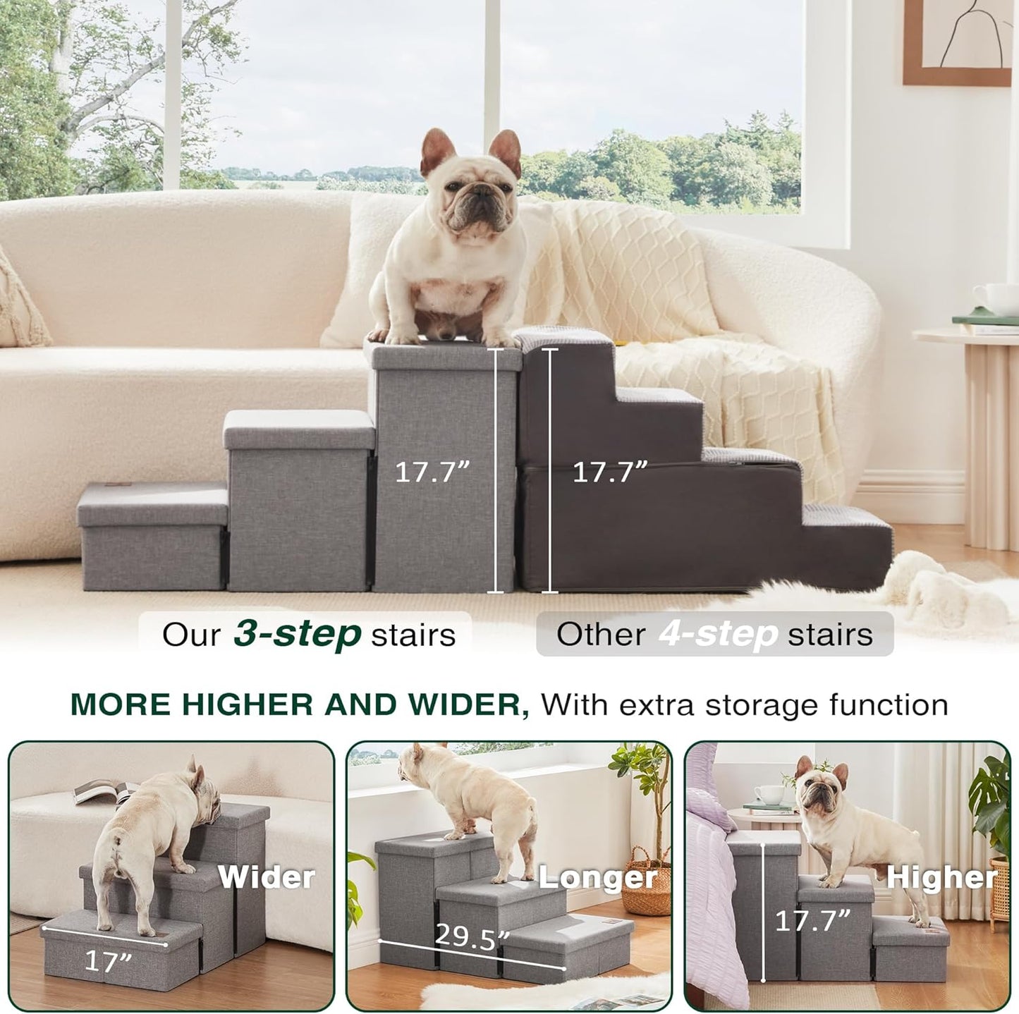 Love'S Cabin Dog Stairs for High Bed 18" H, Foldable Pet Stairs for Small Medium or Large Dogs Puppy with Storage for Bed or Couch, Cat Dog Steps Ramp with Zip up to 200 Lbs, Solid Grey, 3 Steps