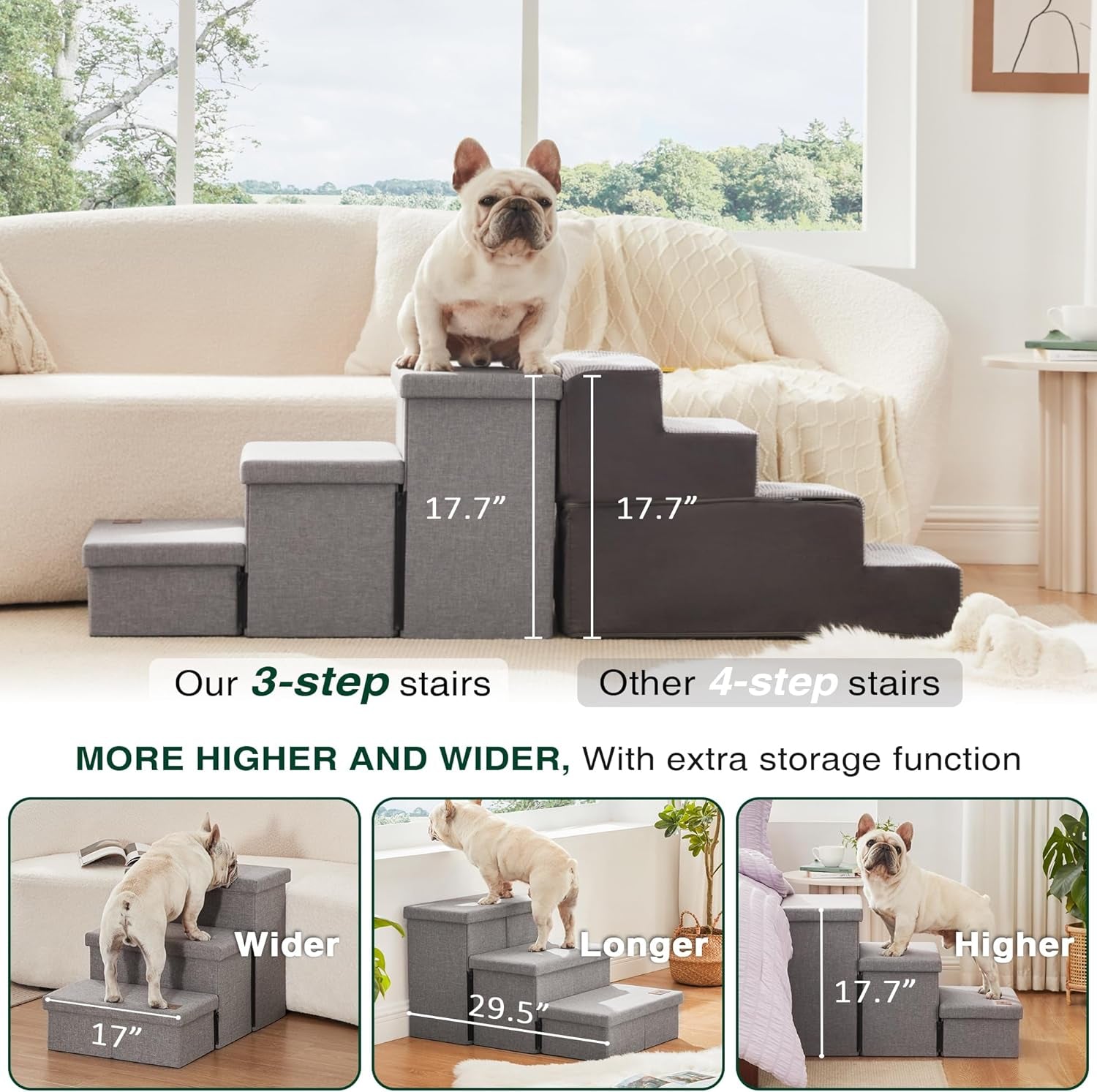 Love'S Cabin Dog Stairs for High Bed 18" H, Foldable Pet Stairs for Small Medium or Large Dogs Puppy with Storage for Bed or Couch, Cat Dog Steps Ramp with Zip up to 200 Lbs, Solid Grey, 3 Steps