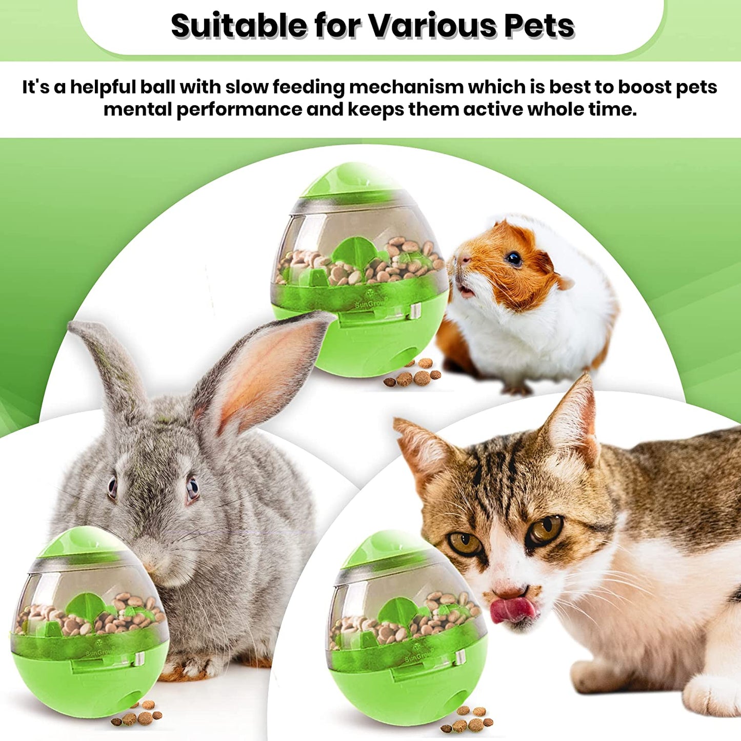 Sungrow Puppy, Small Dog Breeds, and Cat Treat Ball, Slow Pet Feeder, Boredom Buster, Adjustable Food Dispenser, Ends Naughty Chewing and Bloat, Encourages Exercise, Interactive Puzzle Feeder, 4.6”
