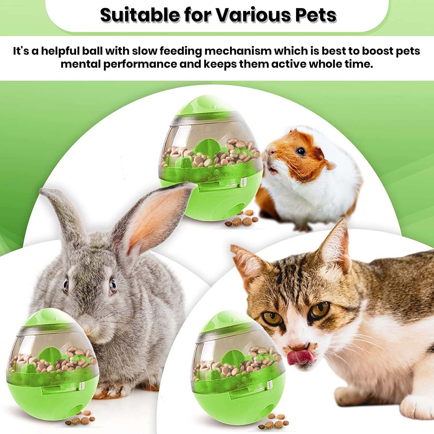 Sungrow Puppy, Small Dog Breeds, and Cat Treat Ball, Slow Pet Feeder, Boredom Buster, Adjustable Food Dispenser, Ends Naughty Chewing and Bloat, Encourages Exercise, Interactive Puzzle Feeder, 4.6”
