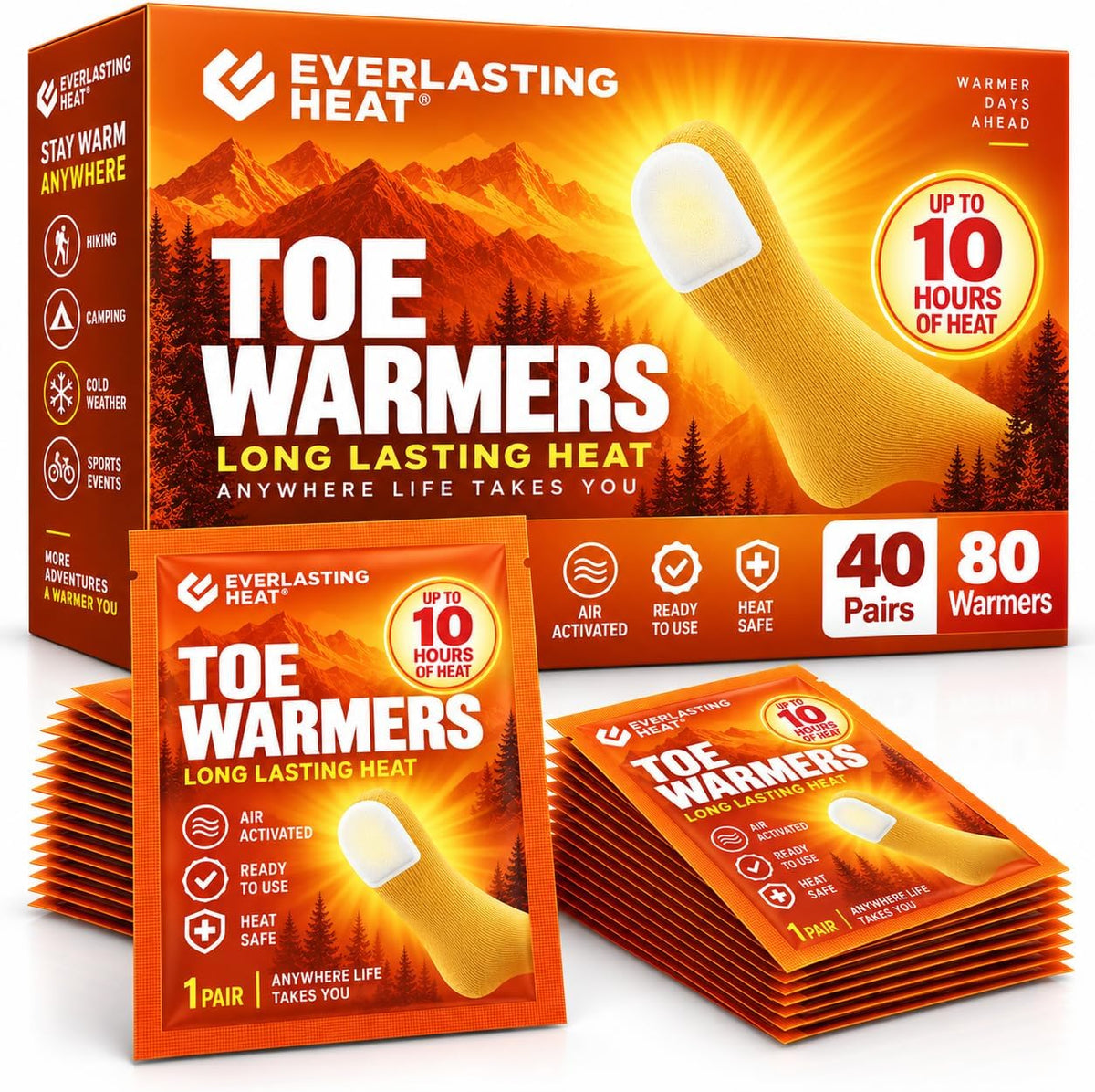 Toe Warmers, Disposable Air Activated 10 Hour Heat, TSA Approved