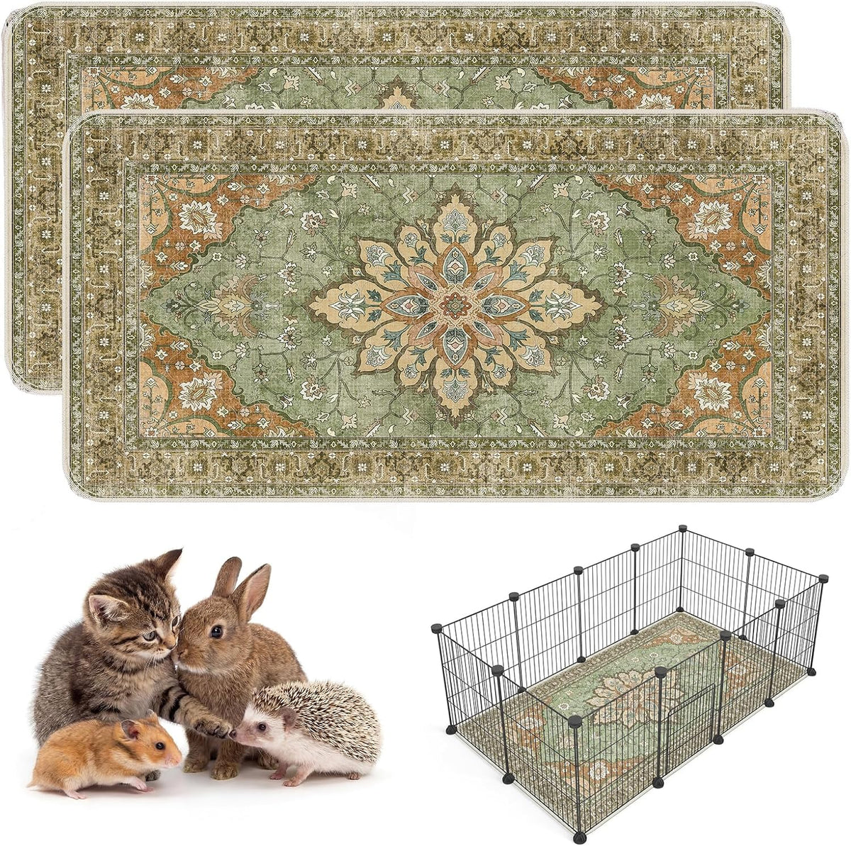 Washable Guinea Pig Pee Pads,Absorbent Reusable Guinea Pig Cage Liners,Waterproof,Leak-Proof & Non-Slip Whelping Pads & Mat for Small Animals,Pet Housebreaking.(Green Floral,24"X48")
