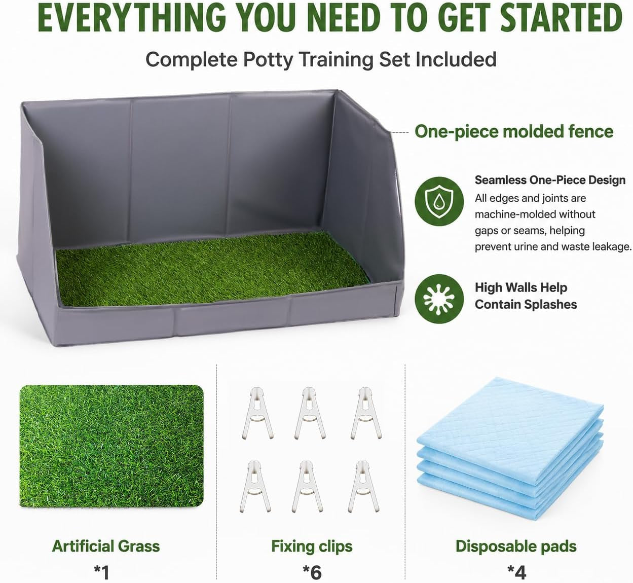 Dog Potty Tray with High Walls and Artificial Grass, 32" X 21"X 16"Foldable Indoor Dog Toilet,Waterproof Dog Pee Pad Holder with Leakproof Liner, Portable Pet Litter Box for Small Medium Dogs