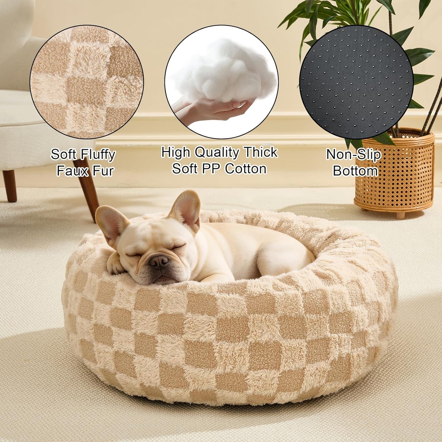 Dog Calming Beds for Small Medium Large Dogs - round Donut Washable Puppy Dog Bed, Anti-Slip Faux Fur Fluffy Donut Cuddle Anxiety Cat Pet Bed (20" Grid)