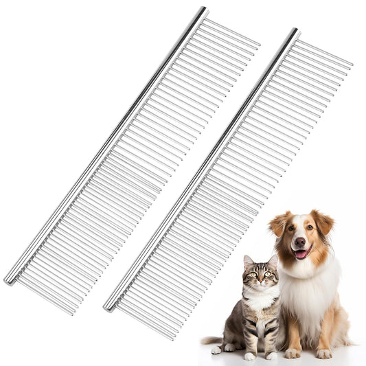 PETTOM 2Pcs Stainless Steel Dog Comb, round Tooth Cat Comb with 2 Tooth Widths, Metal Combs for Removing Knots and Tangles, Grooming Tool for Long and Short Hair Pets, 7.5 in Silver