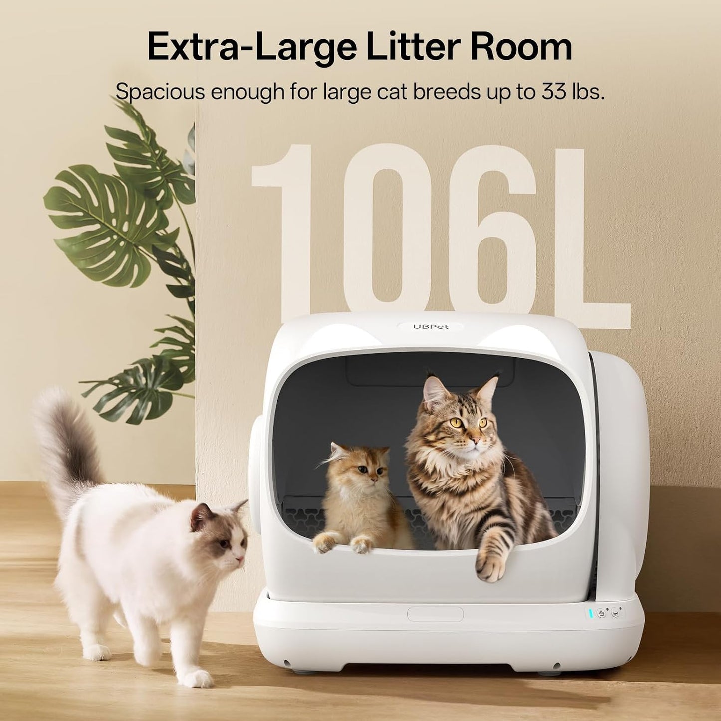 UBPET Automatic Litter Box, 106L Extra Large Self-Cleaning Cat Litter Box for Multiple Cats, Smart App Control, Odor-Control System, Anti-Pinch Safety Design, Includes Waste Bags and Deodorizer Blocks