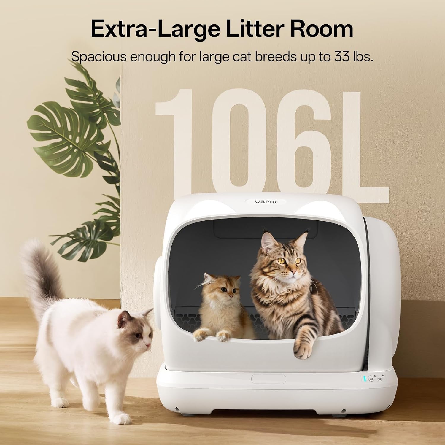 UBPET Automatic Litter Box, 106L Extra Large Self-Cleaning Cat Litter Box for Multiple Cats, Smart App Control, Odor-Control System, Anti-Pinch Safety Design, Includes Waste Bags and Deodorizer Blocks