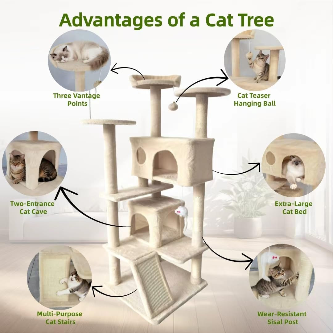 Cat Tree Tower for Indoor Cats,Cat House with Sisal Scratching Post,Multi-Level Cat Condo and 3 Large Platforms (Beige)