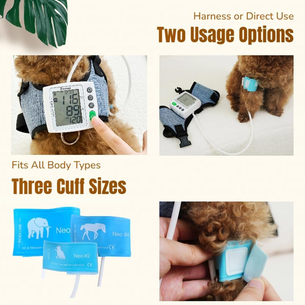 Wearable Pet Blood Pressure Monitor for Cats & Dogs, Automatic Oscillometric Veterinary BP & Heart Rate Monitor, 4 Adjustable Cuffs 4.2–15Cm, Dual-User 120 Memory, Portable Home & Vet Clinic Use