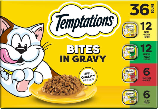 Temptations Bites in Gravy Adult Wet Cat Food Tasty Chicken Entree, Seafood Medley, Backyard Cookout, and Catnip Fever, 3.5 Oz. Trays (36 Count, Pack of 1)