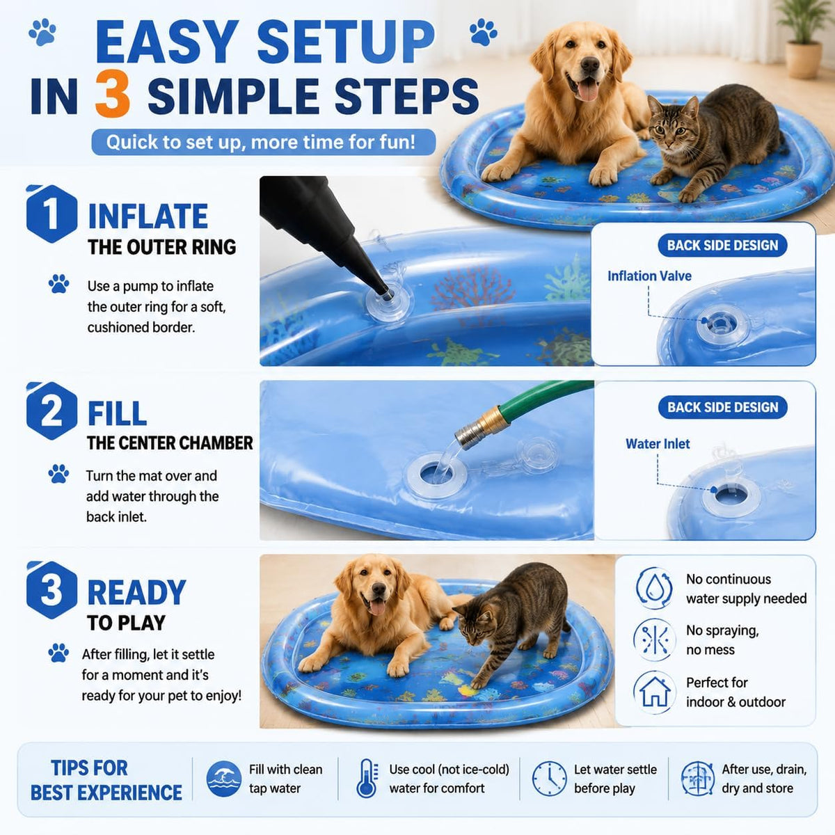 Cat Water Mat for Indoor Cats, Pet Water Sensory Play Mat for Cats & Dogs, Interactive Water Toy Mat with Durable PVC, Summer Activity Mat for Pets, Indoor Outdoor Use, 41.4 X 41.4 X 2.8 Inches