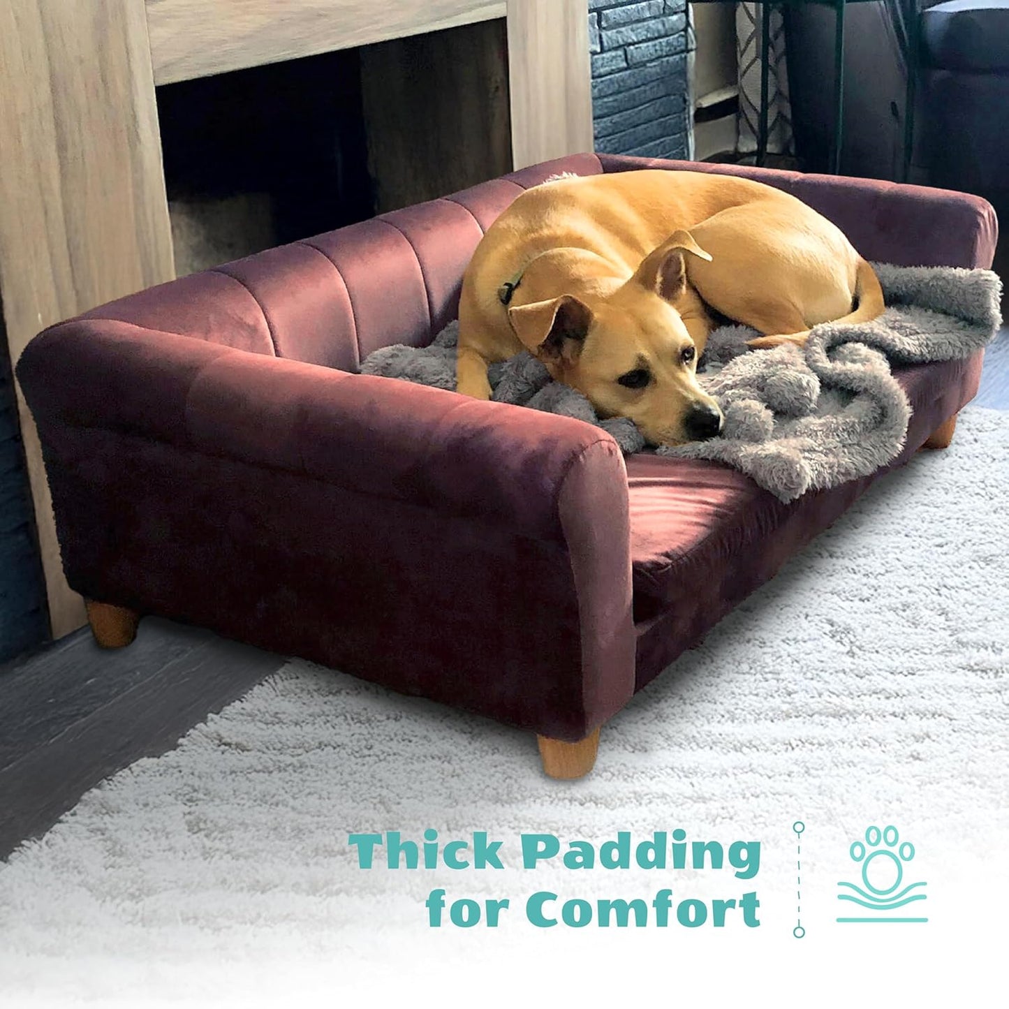 CRITTER SITTERS 42-In. Elegant Brown Faux-Velvet Rectangular Dog Sofa for Medium and Large Dogs, Elevated Plush Dog Couch