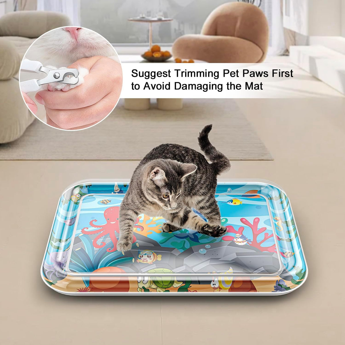 Marine Life Themed Cat Play Mat, Thickened Water Sensor Play Mat for Cats, Water Sensor Play Mat with Fish, Pet Water Sensor Mat, Water Sensor Mat Water Feature (Square Octopus)
