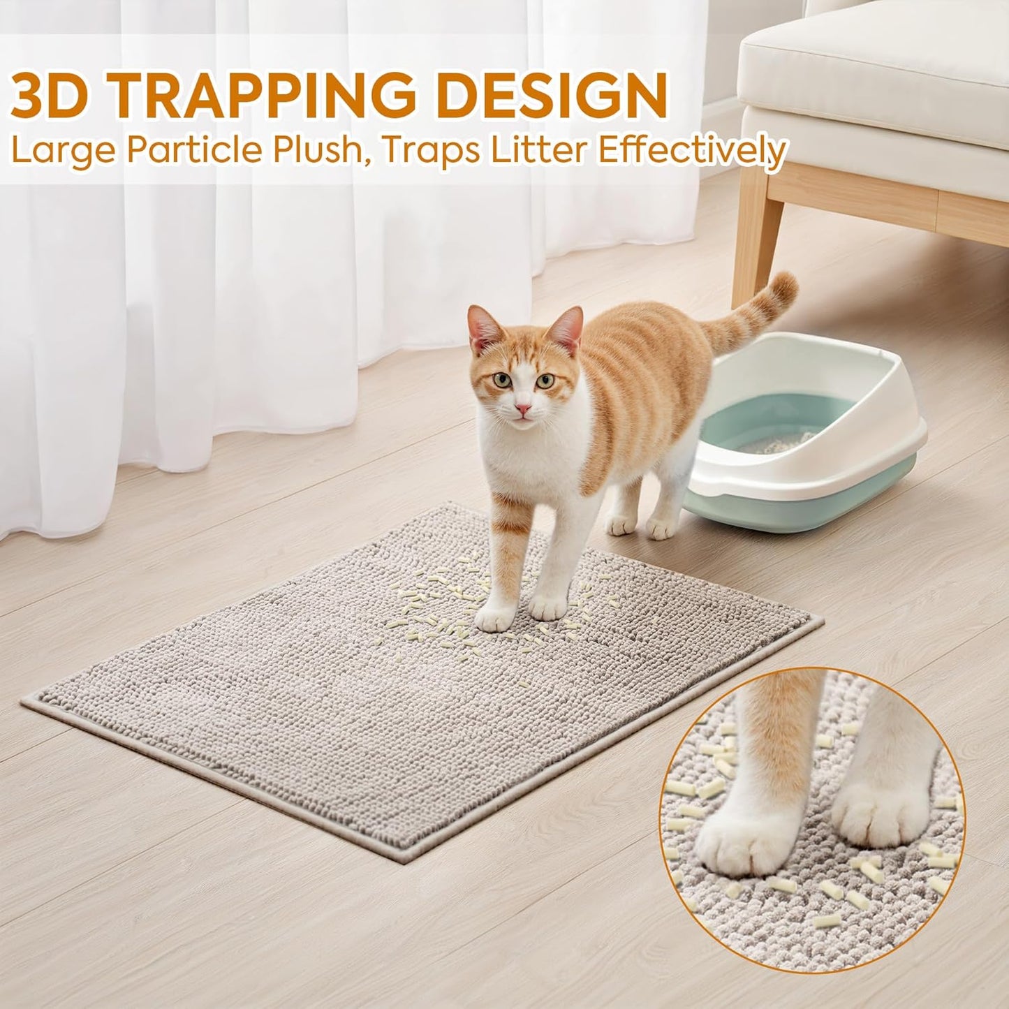 Pieviev Chenille Cat Litter Mat for Litter Box, 28"X22" Soft Ultra Absorbent Mat, Waterproof & Non-Slip, Easy to Clean Litter Trapping Mat for Indoor Cats, Gray