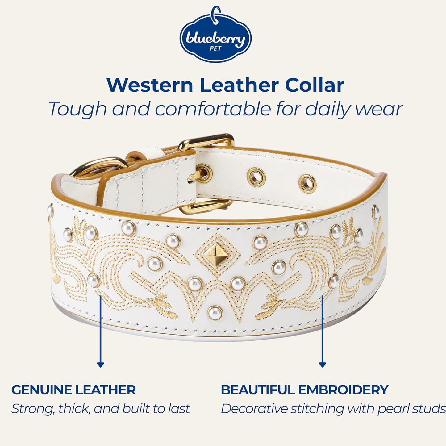 Blueberry Pet Western Genuine Leather Dog Collar for Medium Breeds, Pearl White - Floral Embroidery, Pearl Studs, Adjustable 15-18 Inch Neck, Dog Collars for Medium Dogs