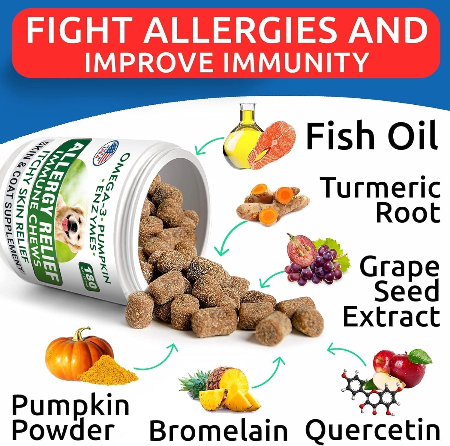 BARK&SPARK Dog Allergy Relief Soft Chews for Skin Health & Seasonal Allergies - Anti-Itch Supplement W/Omega-3, Quercetin & Bromelain Immune Treats for Dry Skin & Hot Spots - Chicken Liver - 180Ct