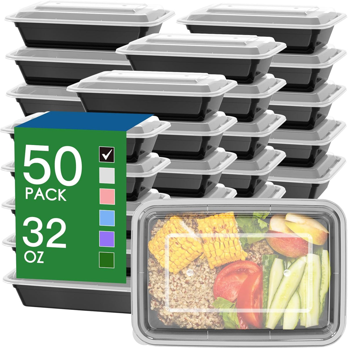 50 Pack (100-Piece) 32 Oz Meal Prep Containers with Easy Open Lids, Black