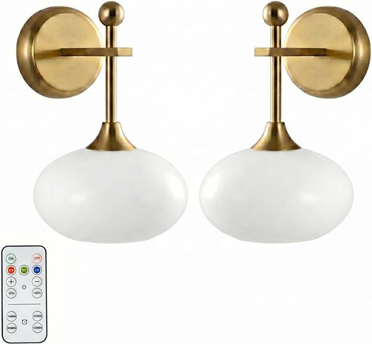 Battery-Operated Modern Brass Wall Sconce Set of 2, Wireless Rechargeable Wall Light with Remote Control, Milk Glass Shade, for Living Room Bedroom Hallway Corridor