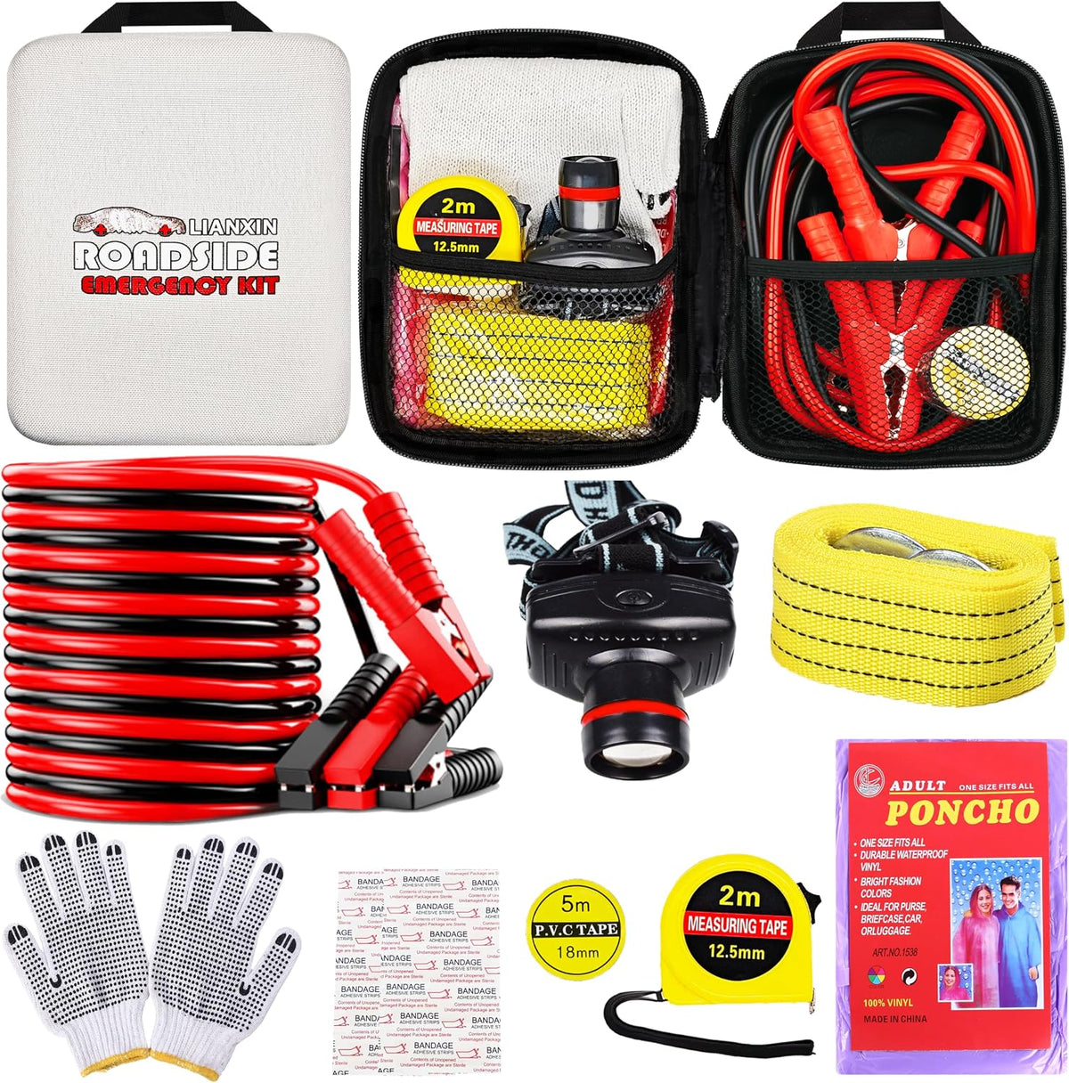 Emergency Car Kit with Jumper Cables Headlamp Car Safety Kits Pale