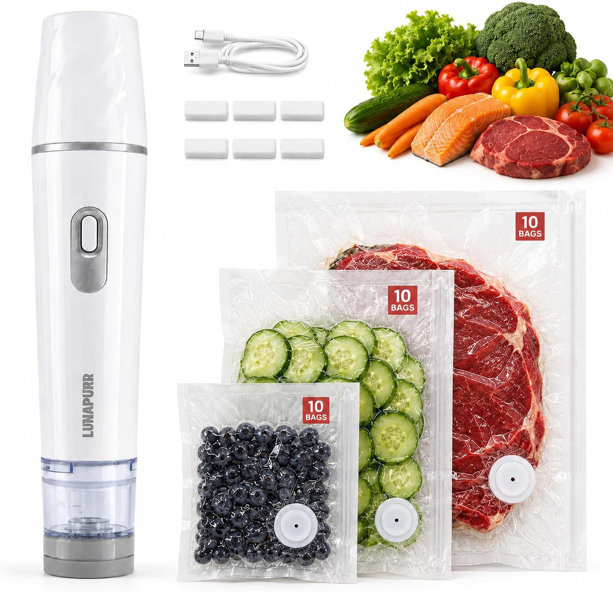 Compact Handheld Vacuum Sealer for Food with 30 Reusable Vacuum Bags 70Kpa