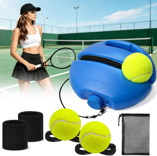 Tennis Trainer Rebound Ball Set, Tennis Practice Rebounder with 3 String Balls, Sports Wristband & Mesh Bag, Portable Solo Tennis Training Equipment for Indoor Outdoor Sport